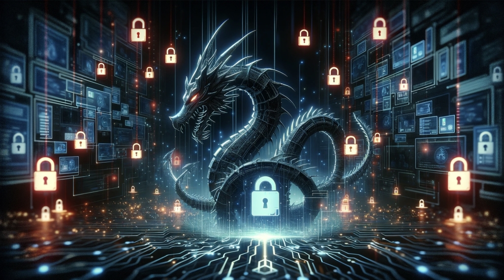 digital landscape representing cybersecurity threats, with a stylized dragon and digital locks as symbols.